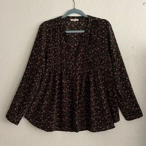 KAII Black Floral Peasant Blouse Top Swingy Pintucks Pleats XL No Wrinkles